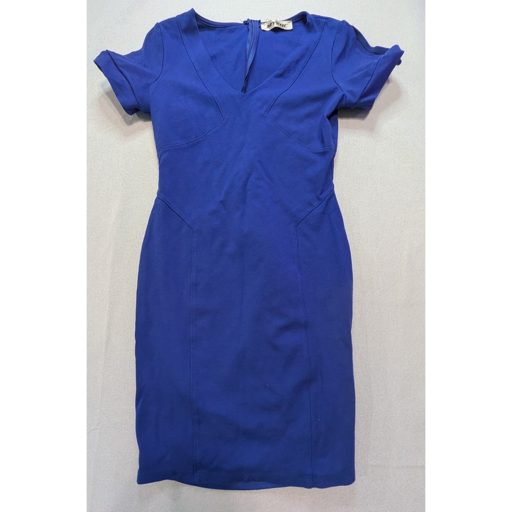 Mystic Sheath Dress Womens Small Royal Blue  V-Neck Bodycon Cuffed Sleeve